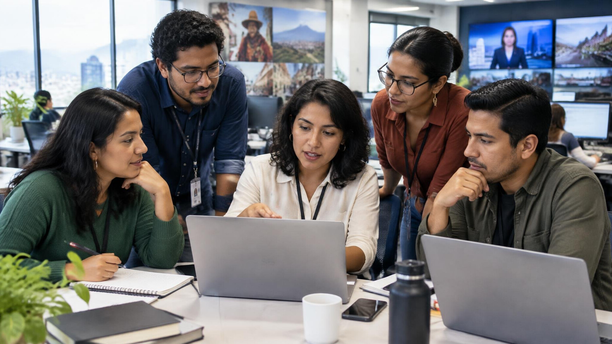 Team working together around laptops