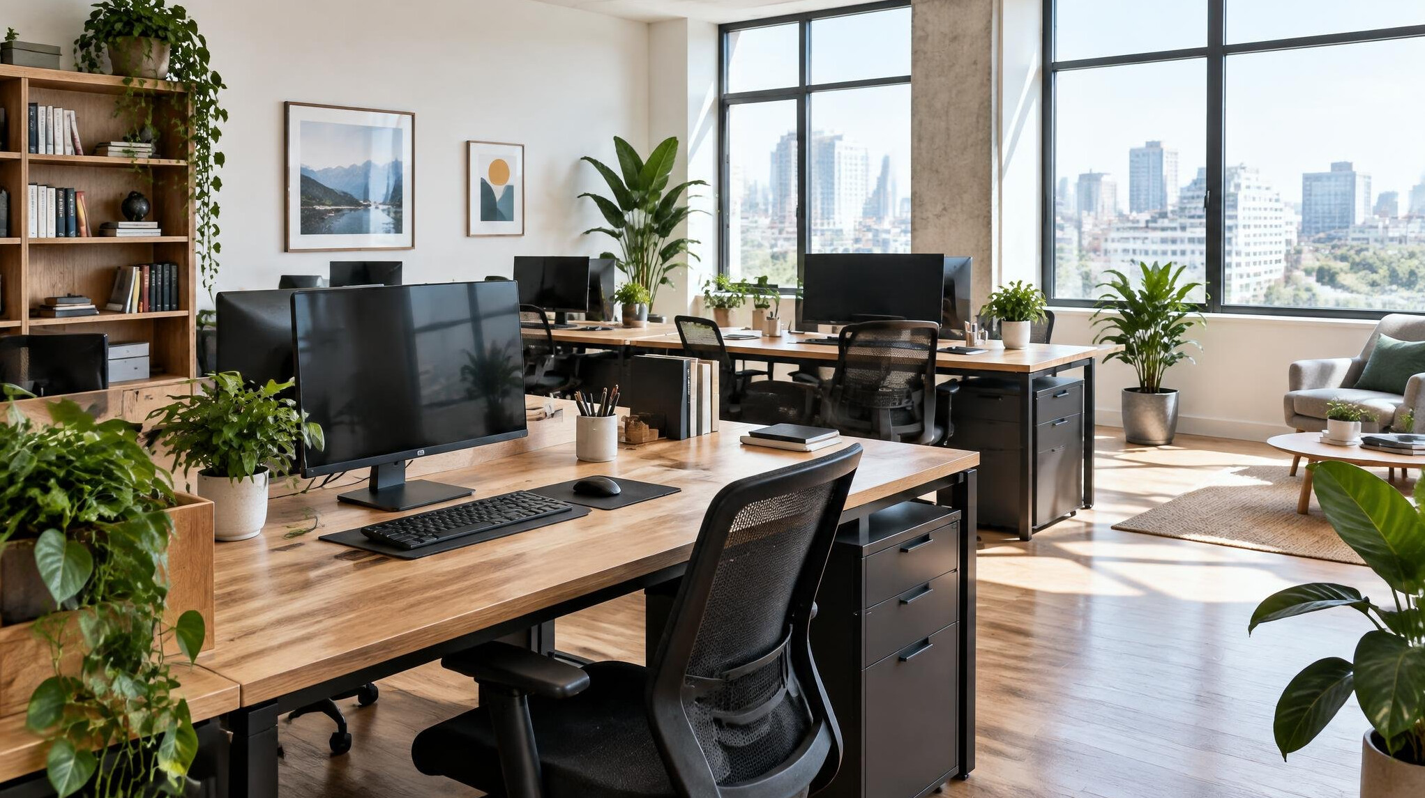 Bright editorial office with desks and plants