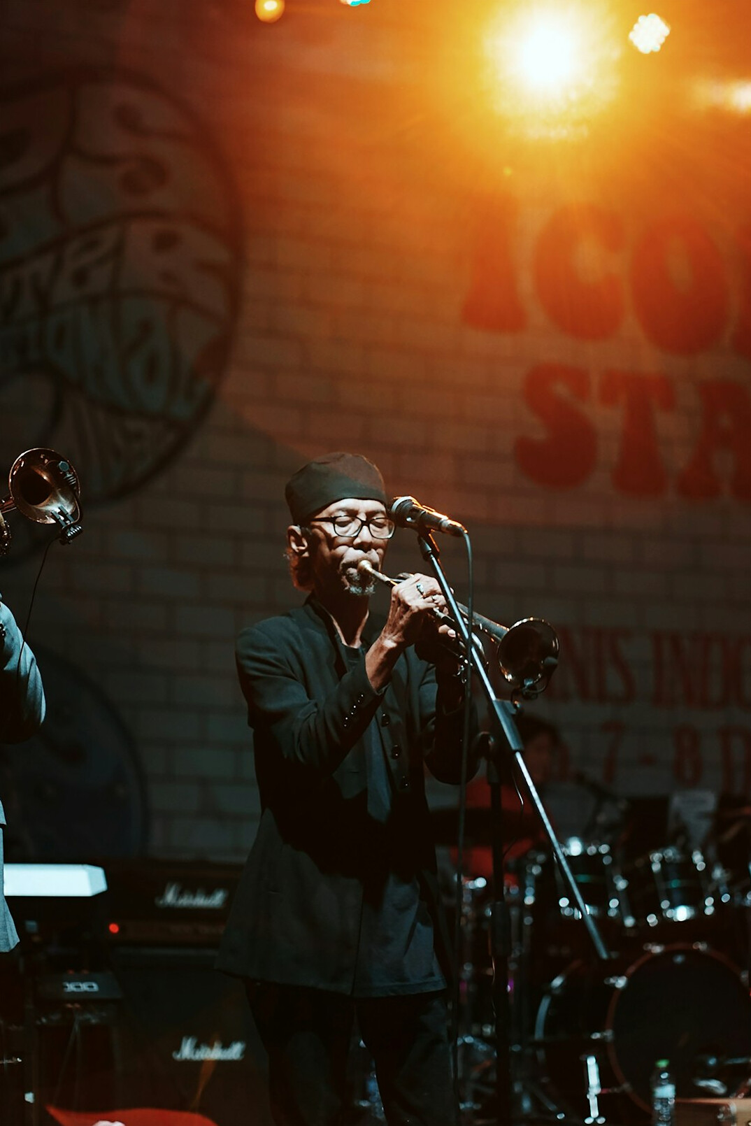 Musician performing on stage with a microphone