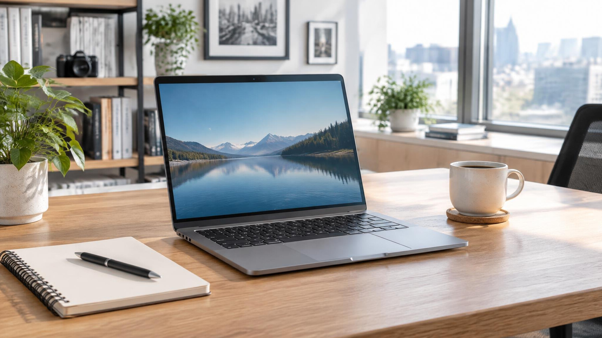 Open laptop on a desk in a bright workspace