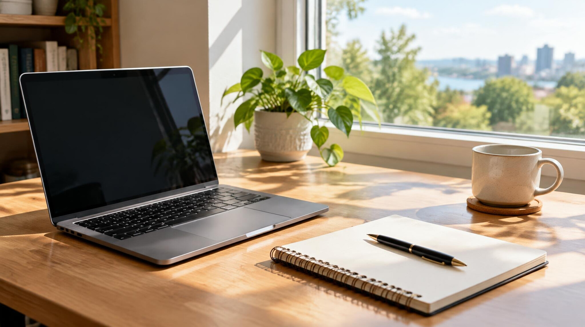 Laptop and notebook on a desk by the window