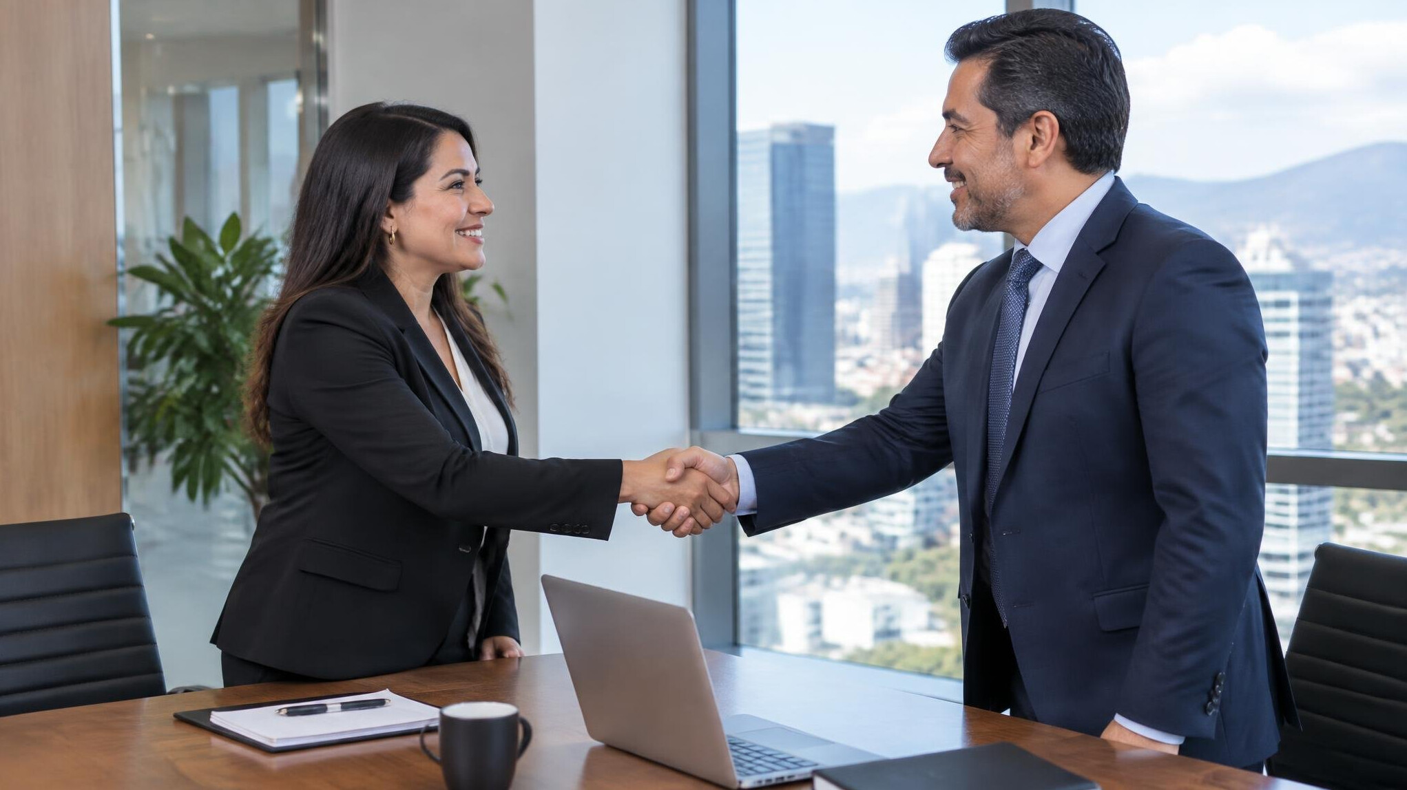 Two business partners shaking hands over a table