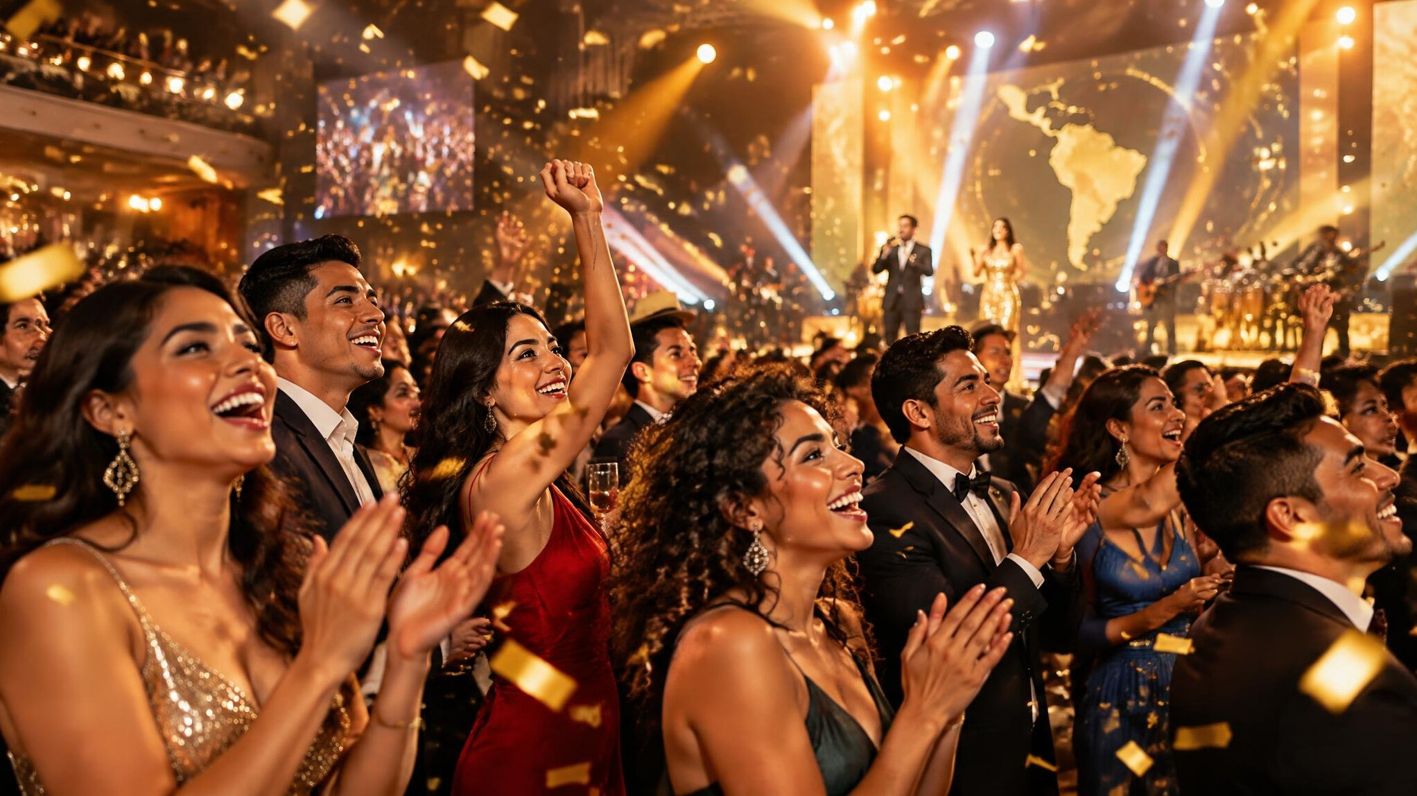 Crowd celebrating at a glamorous night event with confetti